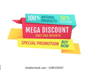 Mega discount only this month special promotion buy now poster. Assurance of quality and naturality of selling products. Ribbons isolated on vector