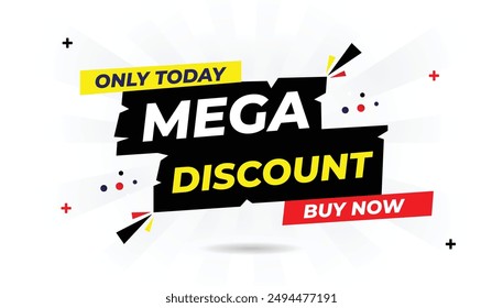 Mega discount only today buy now banner template with white background, dark black, shiny red, and light yellow shapes perfect for high-impact sales promotions tag, price, discount, sticker, deal