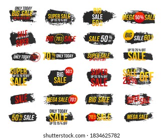 Mega discount with painted trendy gradient brush strokes for advertising labels, stickers, banners, leaflets, badges, tags, posters. Big sale banner, best offer. Mega sale, creative flyer. Vector.