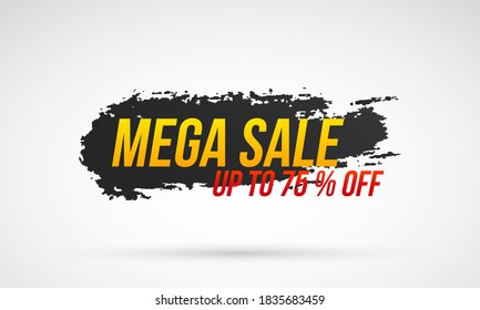 Mega descuento con pinceladas de pincel de gradiente pintadas para etiquetas publicitarias, pegatinas, pancartas, folletos, insignias, etiquetas, carteles. Mega venta, volante creativo. Banner de gran venta, mejor oferta. Vector.