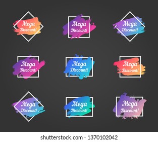 mega discount promo phrase. mega discount stock vector illustrations with painted gradient brush strokes over square frames for advertising labels, stickers, banners, leaflets, badges, tags, posters