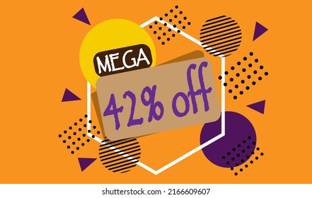 Mega discount sale banner. 42% off for big online sales on the web. Poster with different shapes for promotion.