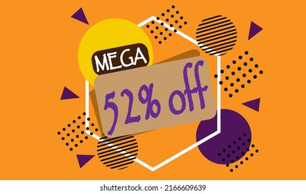 Mega discount sale banner. 52% off for big online sales on the web. Poster with different shapes for promotion.