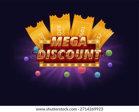 Mega discount and sale for clients. Vector isolated realistic label, special offer or promotion for customer. Glowing design for banner with coupons or vouchers, marketing and shopping