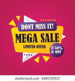 Mega discount Special offer with 50 percent off advertisement. Promotion poster template with limited time super sale vector illustration 