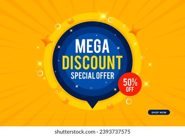 Mega Descuento Oferta Especial de Banner vector de texto con fondo amarillo