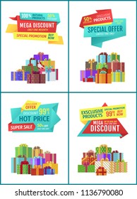 Mega discount, special offer, hot price clearance sale banners variation for commerce. Giftware exclusive products to buy now phrase for shop sellout.