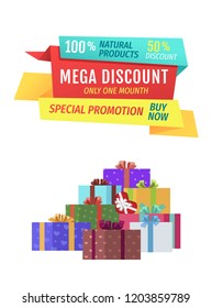 Mega discount special promotion natural products assurance. Presents decorated with ribbons and wrapping paper. Exclusive goods on holiday vector