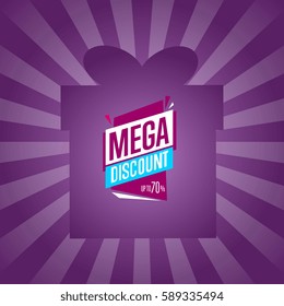 Mega discount sticker on box isolated vector illustration. Exclusive offer tag, price discount poster, advertisement retail label, super sale ad, special shopping symbol. Modern style offer sign.