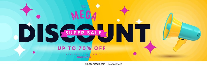 Mega discount super sale up to 70 percent off header banner. Advertisement template with loud speaker shopping price clearance announcement vector illustration. Marketing promotion material
