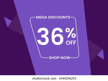 Mega Descuenta 36% De Compra Ahora. 36 por ciento Descuento venta moderna pancarta ilustración vectorial