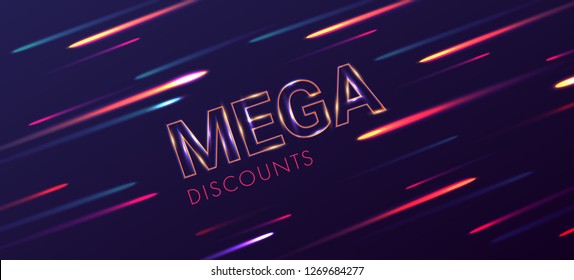 mega discounts abstract poster with text and dynamic lines on dark backdrop