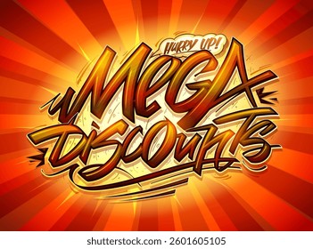 Mega discounts fancy vector sign retro style template with hand drawn lettering and rays on the backdrop