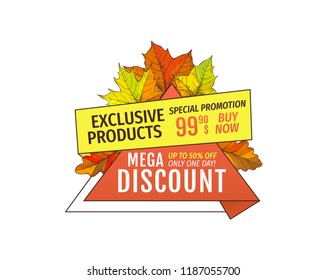 Mega discounts on exclusive products special promotion 99.90 price buy now advertisement tag with maple leaves isolated. Autumn fall costs reduction