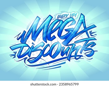 Mega discounts, vector flyer mockup with fancy lettering