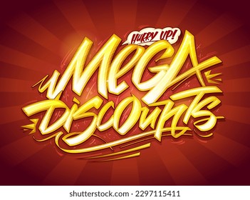 Mega discounts, vector flyer template with hand drawn golden lettering