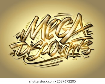 Mega descuentos signo de Vector con letras de color dorado dibujadas a mano de lujo