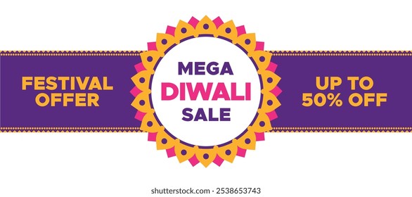 Mega Diwali Sale With 50% off. Festival Offer Web Banner Celebration Vector Design