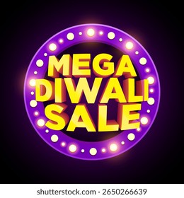Mega Diwali Sale Banner Design with Glowing Lights and 3D Bold Text on Dark Background for Indian Festival Promotion.