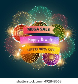 mega diwali sale banner poster with fireworks
