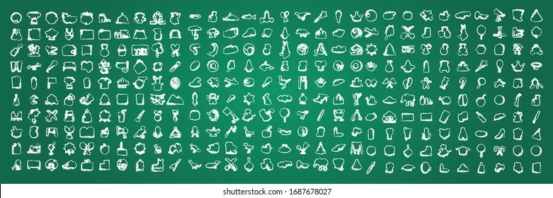 Mega doodle design elements set. Hand drawn illustrations of toys kids on chalkboard
