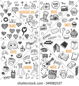 Mega doodle design elements vector set  Hand drawn illustrations: photo  sweets  books  hearts  Valentine`s day  music  fashion clothes  coffee 