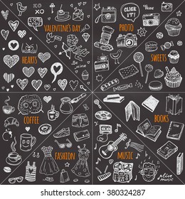Mega doodle design elements vector set. Hand drawn chalkboard illustrations: photo, sweets, books, hearts, Valentine`s day, music, fashion clothes, coffee