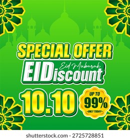 Mega Eid Oferta Especial De Venda Até 99% De Desconto. Banner de desconto Ultimate 10.10 com fundo de mesquita verde. Vetor promocional islâmico louco