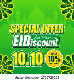 Mega Eid Oferta Especial De Venda Até 10% De Desconto. Banner de desconto Ultimate 10.10 com fundo de mesquita verde. Vetor promocional islâmico louco