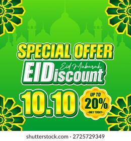 Mega Eid Oferta Especial De Venda Até 20% De Desconto. Banner de desconto Ultimate 10.10 com fundo de mesquita verde. Vetor promocional islâmico louco