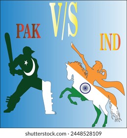 Mega Event,Pakistan vs India (PAK vs IND) international cricket flag badge design.On Blue Background.Players wearing there country flag texture dressings.