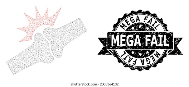Mega estructura de malla de mega estructura de mecha de estampado de grunge por fallo y fractura de hueso vectorial. El sello negro tiene la etiqueta Mega Fail dentro de la cinta y rosette. Resumen de la fractura de la unión de la malla plana, creada a partir de la malla plana.