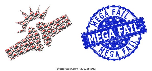 Mega Fail scratched round seal print and vector recursive mosaic bone joint fracture. Blue seal has Mega Fail tag inside round shape. Vector mosaic is created from repeating bone joint fracture icons.