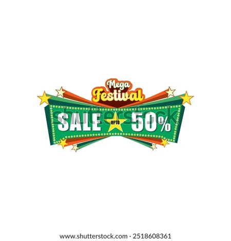 Mega Festival Sale 50 Percent Off. Retro, Vintage, Sale Advertising Concept Logo Design Vector Layered