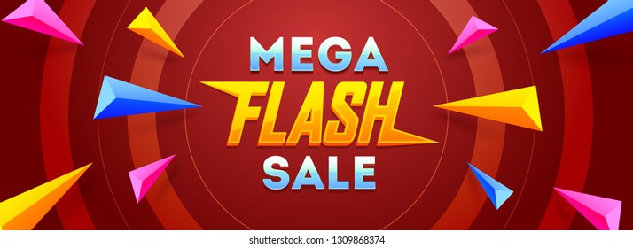 Mega flash sale banner or header design with colourful 3d geometric element on brown abstract background. 