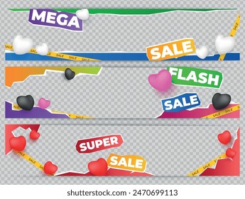 Mega flash super sale copy space transparent shopping banner mock up set vector illustration. Retail store shop special offer clearance discount advertising promo header with heart design template