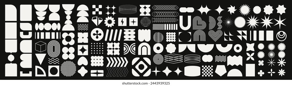 Mega geometric and abstract shapes collection. Abstract symbols set. Set of geometric brutalism shapes. Figures, stars, spiral flower and circles