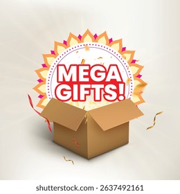 Mega Gift Box Sale Unit with Festive Background, Flying Confetti, and Glowing Light Burst – Editable Vector EPS for Seasonal Promotions, Holiday Offers, Festive Deals, and Marketing Banners