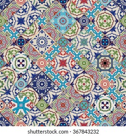 Mega Gorgeous seamless patchwork pattern from colorful Moroccan tiles, ornaments. Can be used for wallpaper, pattern fills, web page background,surface textures.