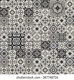 Mega Gorgeous seamless patchwork pattern from black and white Moroccan, Portuguese  tiles, Azulejo, Arabic ornament. Islamic art.