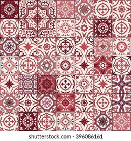 Mega Gorgeous seamless patchwork pattern from dark red and white Moroccan, Portuguese  tiles, Azulejo, Arabic ornament. Islamic art. 