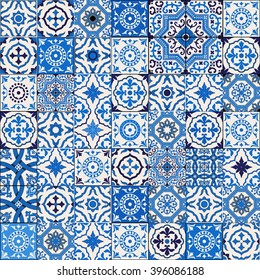 Mega Gorgeous seamless patchwork pattern from dark blue and white Moroccan, Portuguese  tiles, Azulejo, Arabic ornament. Islamic art. 