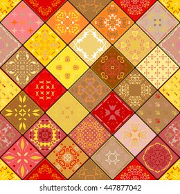 Mega Gorgeous seamless patchwork pattern from colorful Moroccan tiles, ornaments. Can be used for wallpaper, pattern fills, web page background,surface textures. Gold and red color. Christmas style.