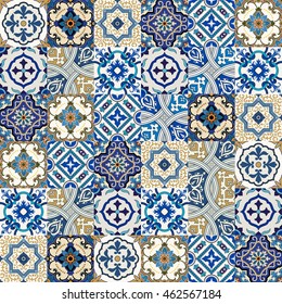 Mega Gorgeous seamless patchwork pattern from colorful Moroccan, Portuguese tiles, Azulejo, ornaments.. Can be used for wallpaper, pattern fills, web page background,surface textures.