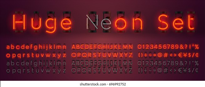 Mega huge neon set glowing alphabet with upper, lowercase letters, punctuation marks and numbers. Vector On, Off lamp isolated on red background.