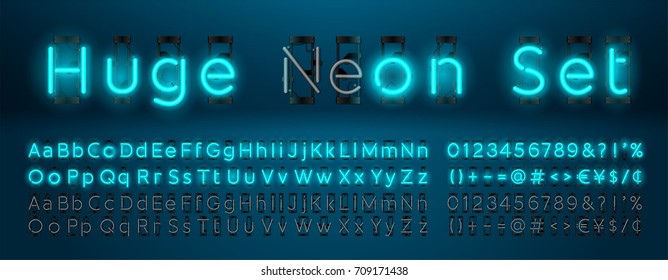 Mega huge neon set glowing alphabet with upper, lowercase letters, punctuation marks and numbers. Vector On, Off lamp isolated on blue background