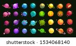 Mega huge pack of fantasy cartoon colorful planets. Green, blue, purple, pink, red, orange, yellow planet on the black background. Multicolor space assets for game design. Vector icons set.