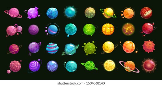 Mega huge pack of fantasy cartoon colorful planets. Green, blue, purple, pink, red, orange, yellow planet on the black background. Multicolor space assets for game design. Vector icons set.