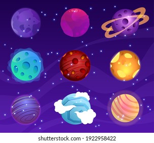 Mega huge pack of fantasy cartoon colorful planets. Fantasy abstract space objects vector illustration collection. Cosmic shapes.