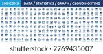 Mega icon collection concept of data, statistics, analytics, cloud computing, chart and graph. Vector illustration. Huge set of 200 solid icons.